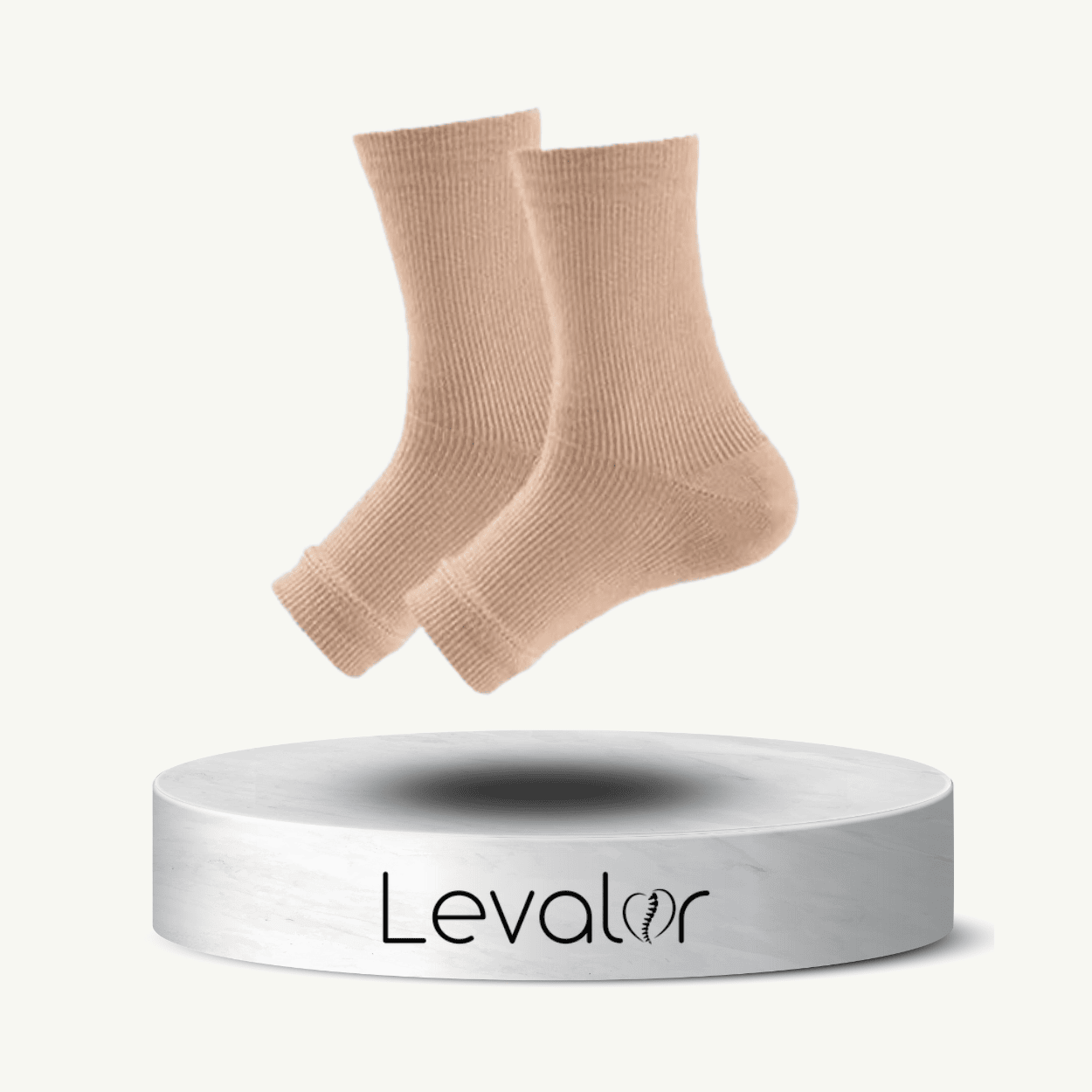 chaussette de compression levalor de couleur beige , une solution idéale contre les jambes lourdes et gonflées. Recommandé pour la circulation sanguine et les œdèmes