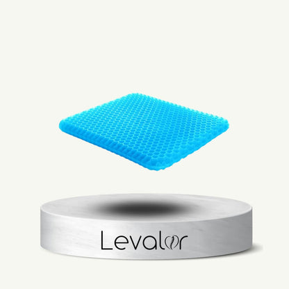 coussin de siège orthopédique Levalor fabriqué en gel bleu pour protéger le coccyx et le dos pendant le télétravail ou sur un siège de voiture