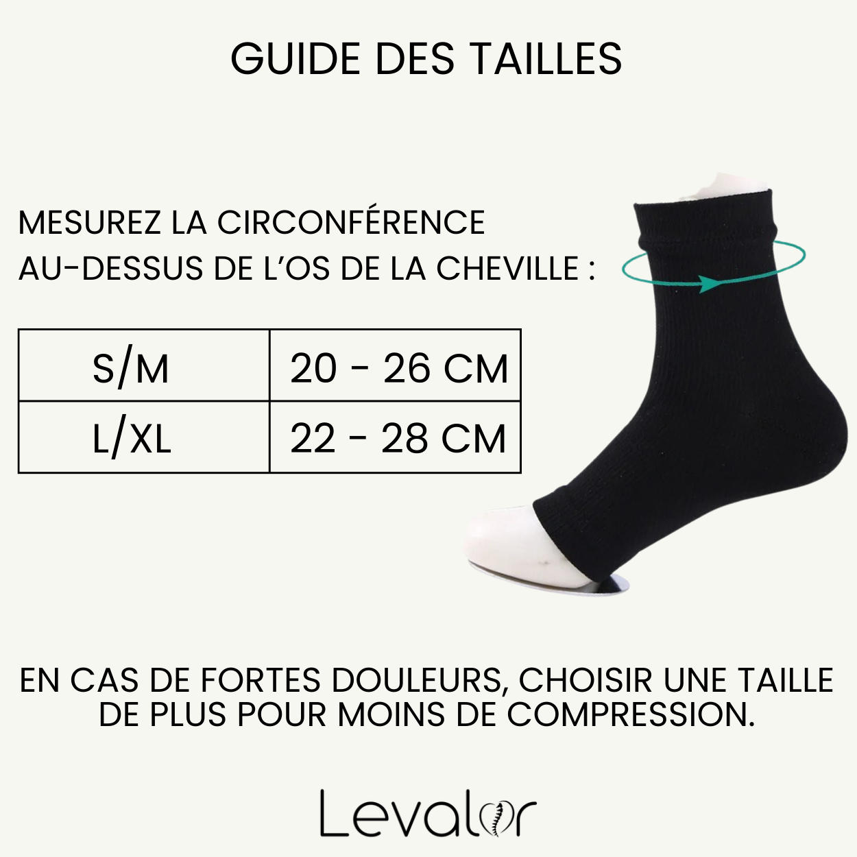 Guide de tailles pour les chaussette de compression Levalor 