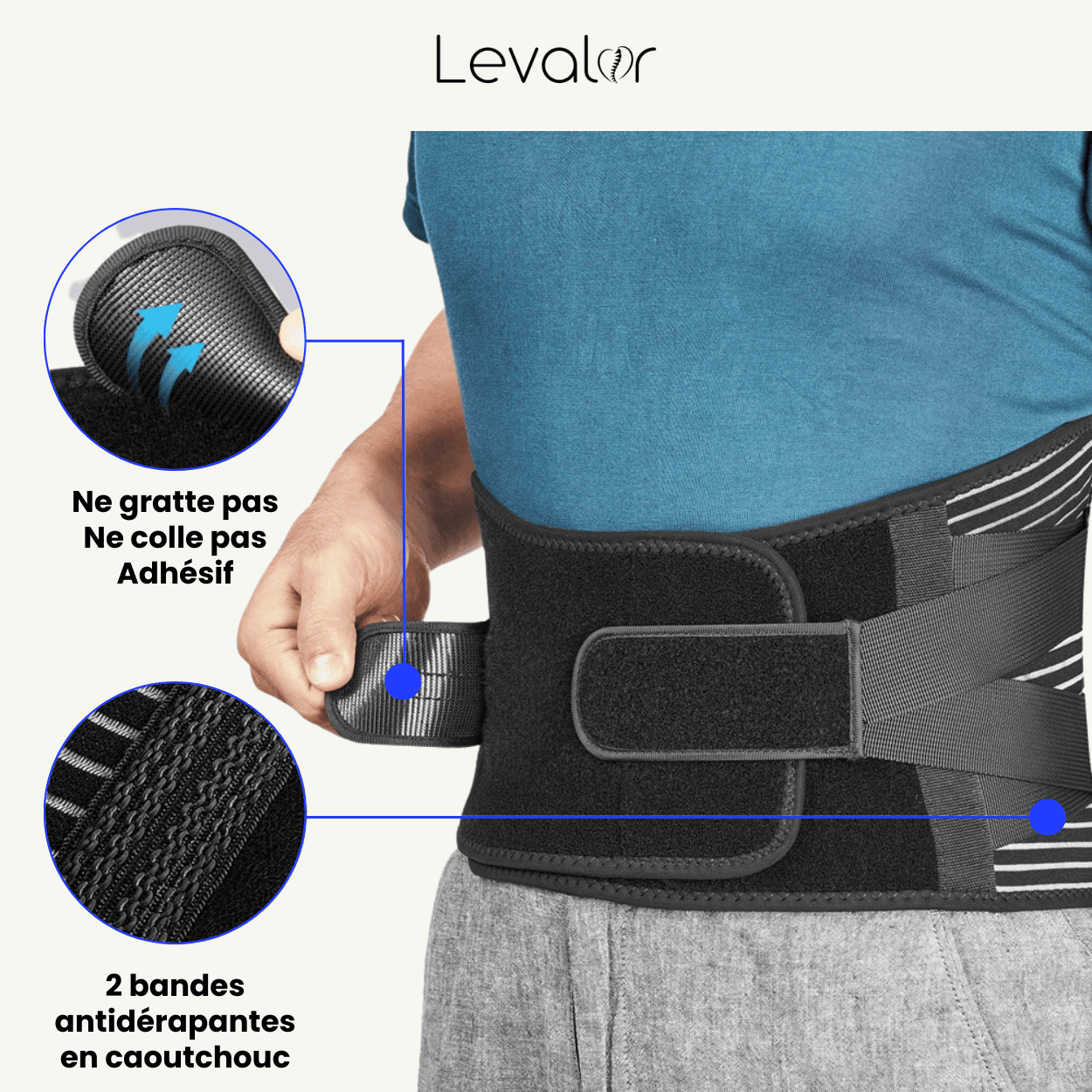 Avantages qualité produits utilisé par la ceinture lombaire levalor: bandes adhesives anti-dérapantes