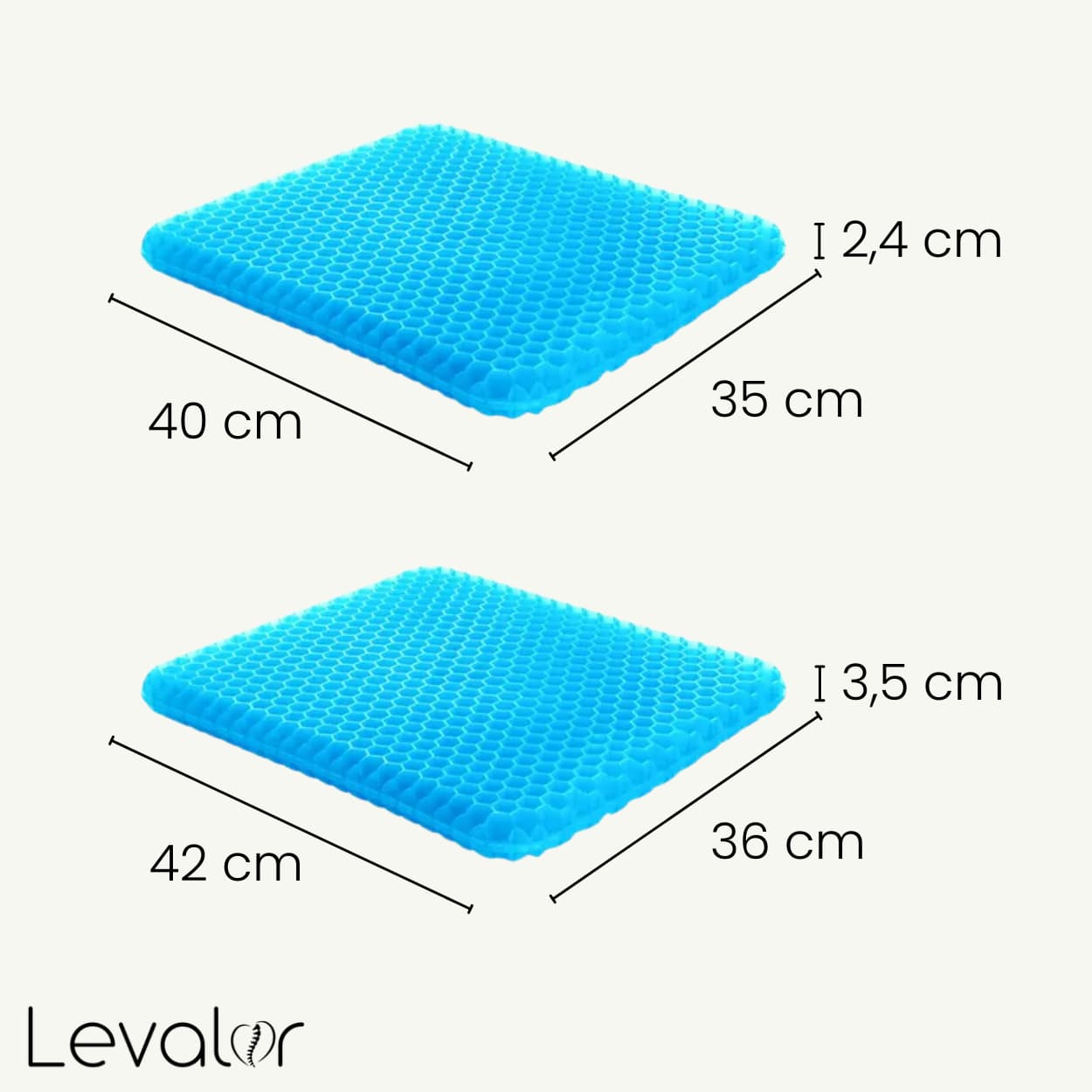 Dilmension du coussin de siège orthopédique fabriqué en gel bleu pour protéger le coccyx et le dos pendant le télétravail ou sur un siège de voiture